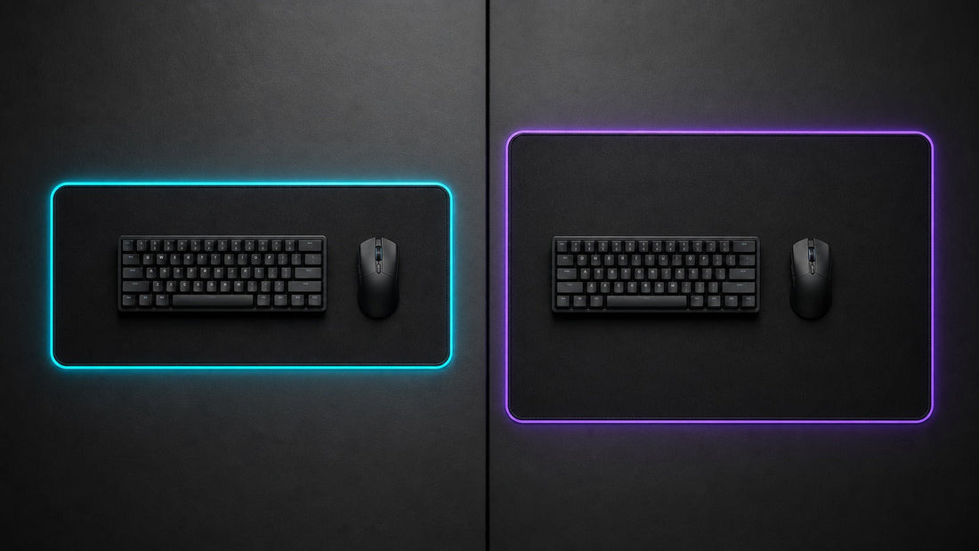 Compact and oversized RGB desk mats compared side by side with identical peripherals