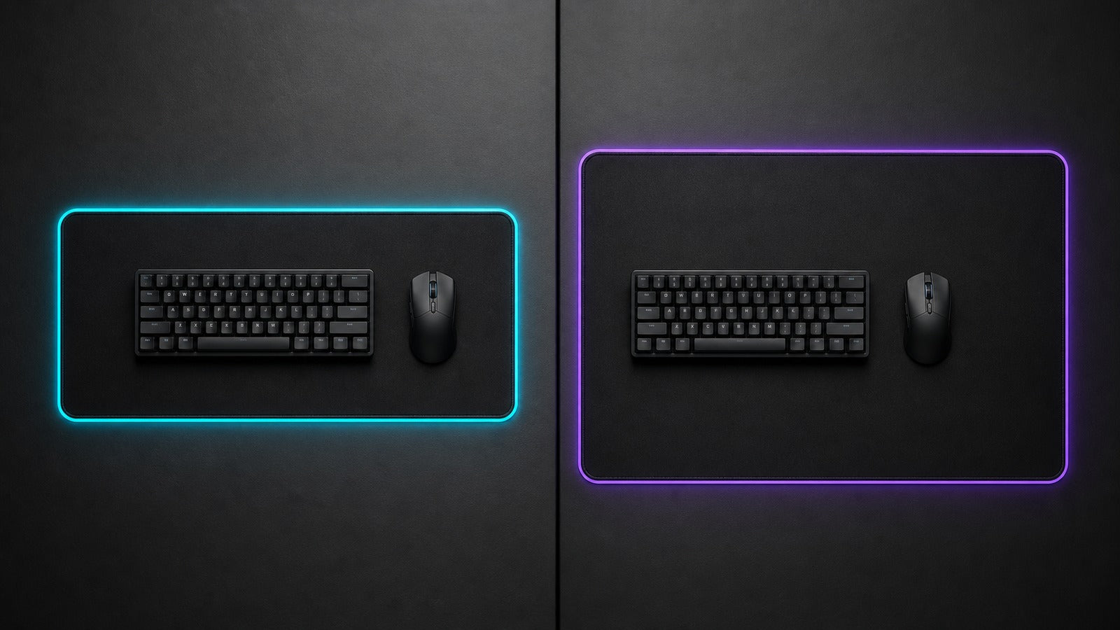Compact and oversized RGB desk mats compared side by side with identical peripherals