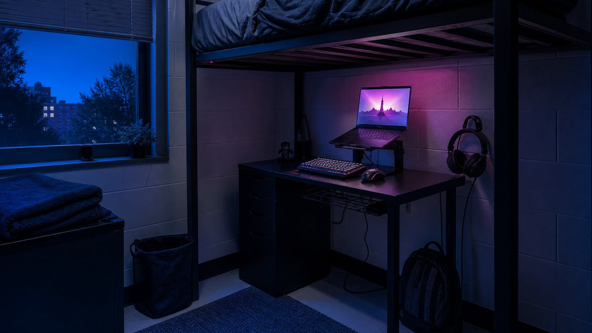 Nighttime college dorm gaming setup beneath a loft bed with blue and magenta lighting