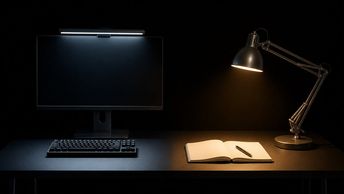 Cool monitor light bar and warm desk lamp compared on a dark split-lit workspace