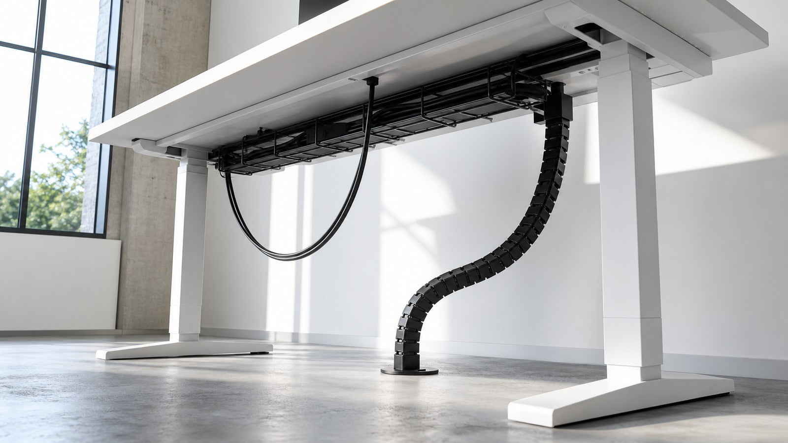 Low-angle view beneath a raised standing desk with a cable tray and flexible cable spine