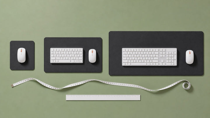 Three desk mat sizes compared from above with keyboards, mice, ruler, and measuring tape