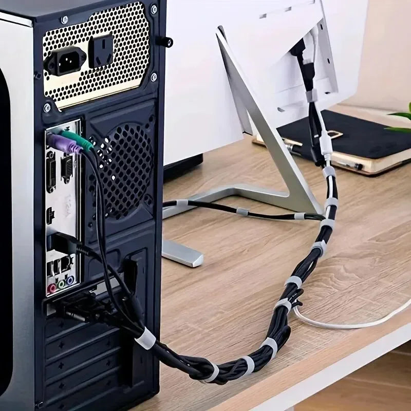 PC tower cables bundled tidy with the reusable cable wrap