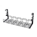 Black open-wire cable tray with two no-drill clamps on a white background