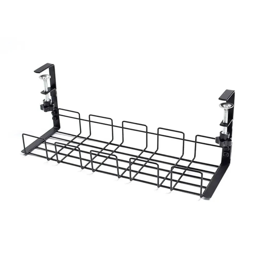 Black open-wire cable tray with two no-drill clamps on a white background