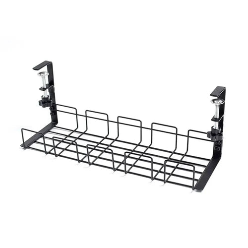 Black open-wire cable tray with two no-drill clamps on a white background