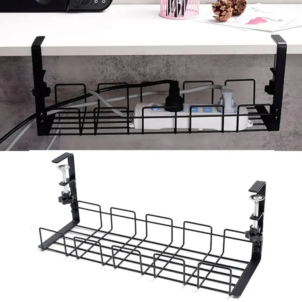 Black wire cable tray mounted under a white desk, shown from two angles