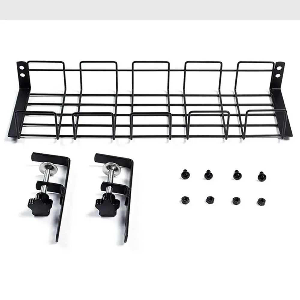 Wire tray, two clamps, and fittings laid out before installation