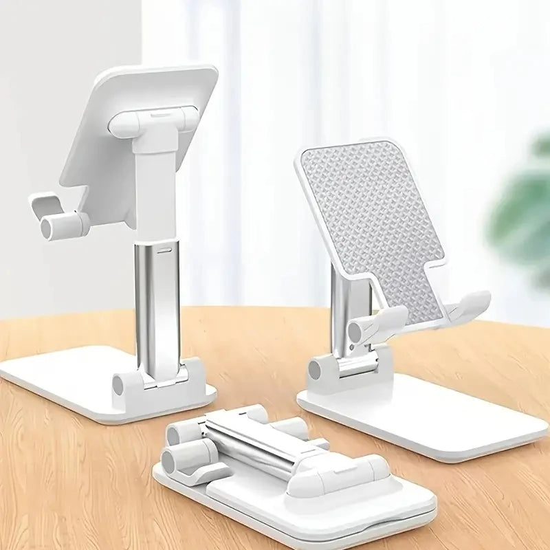White adjustable phone stand shown extended, lowered, and folded