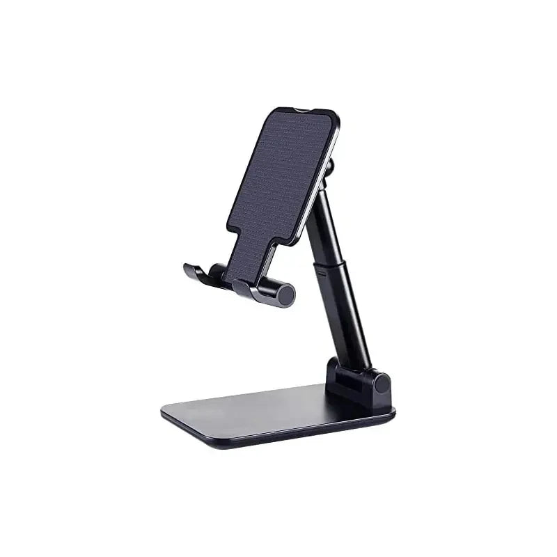 Black adjustable desktop phone and tablet stand in an extended position