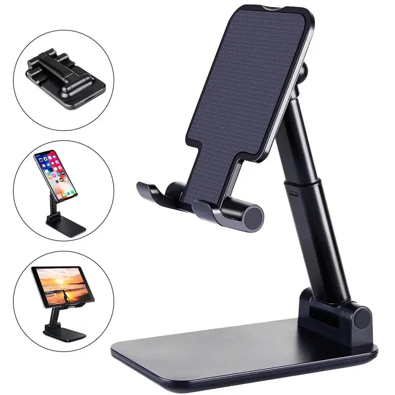 Black adjustable desktop stand shown with a phone and tablet