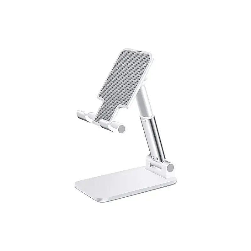 White adjustable desktop phone and tablet stand in an extended position
