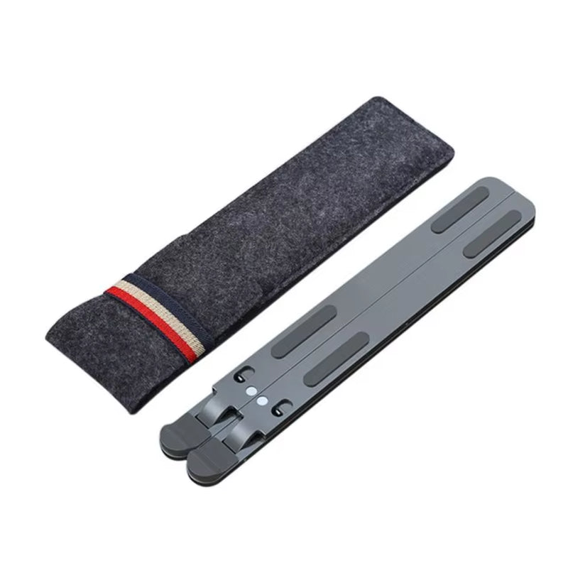 Foldable gray laptop stand folded flat beside its felt carry sleeve