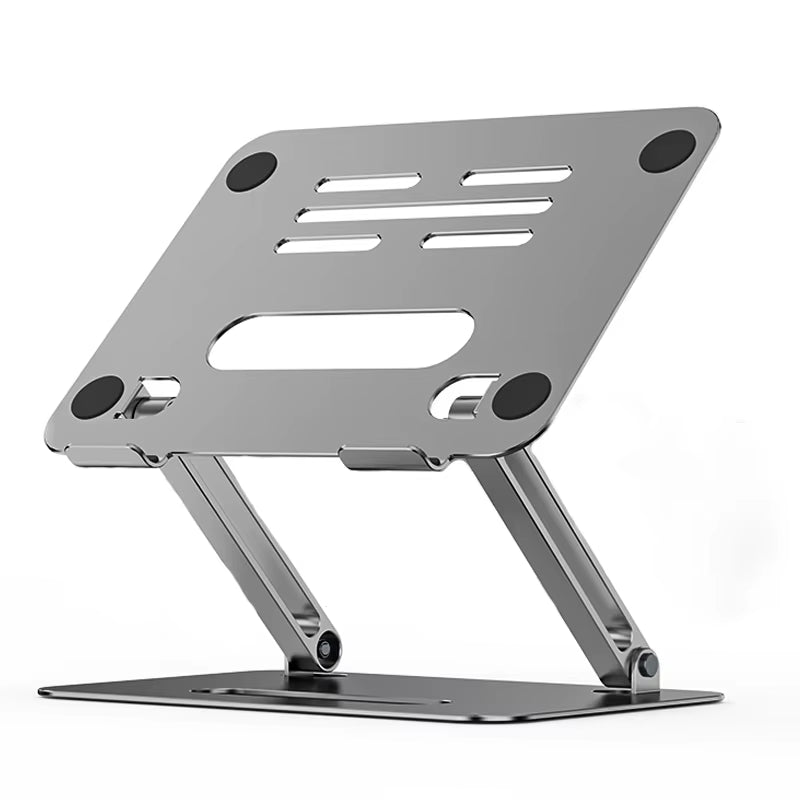 Gray aluminum laptop riser with ventilation cutouts set at an ergonomic angle