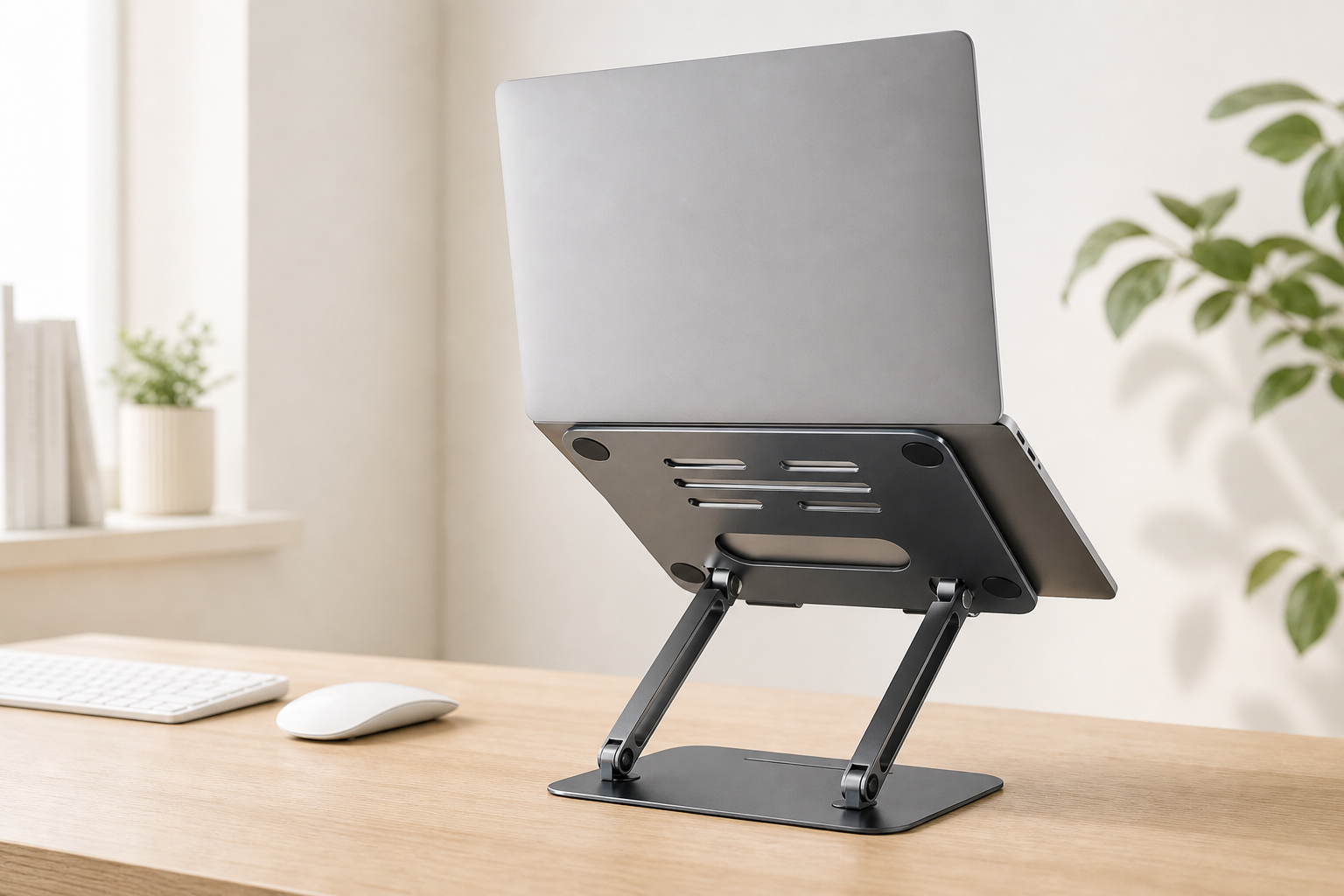 Foldable aluminum laptop stand on a bright pale-oak desk