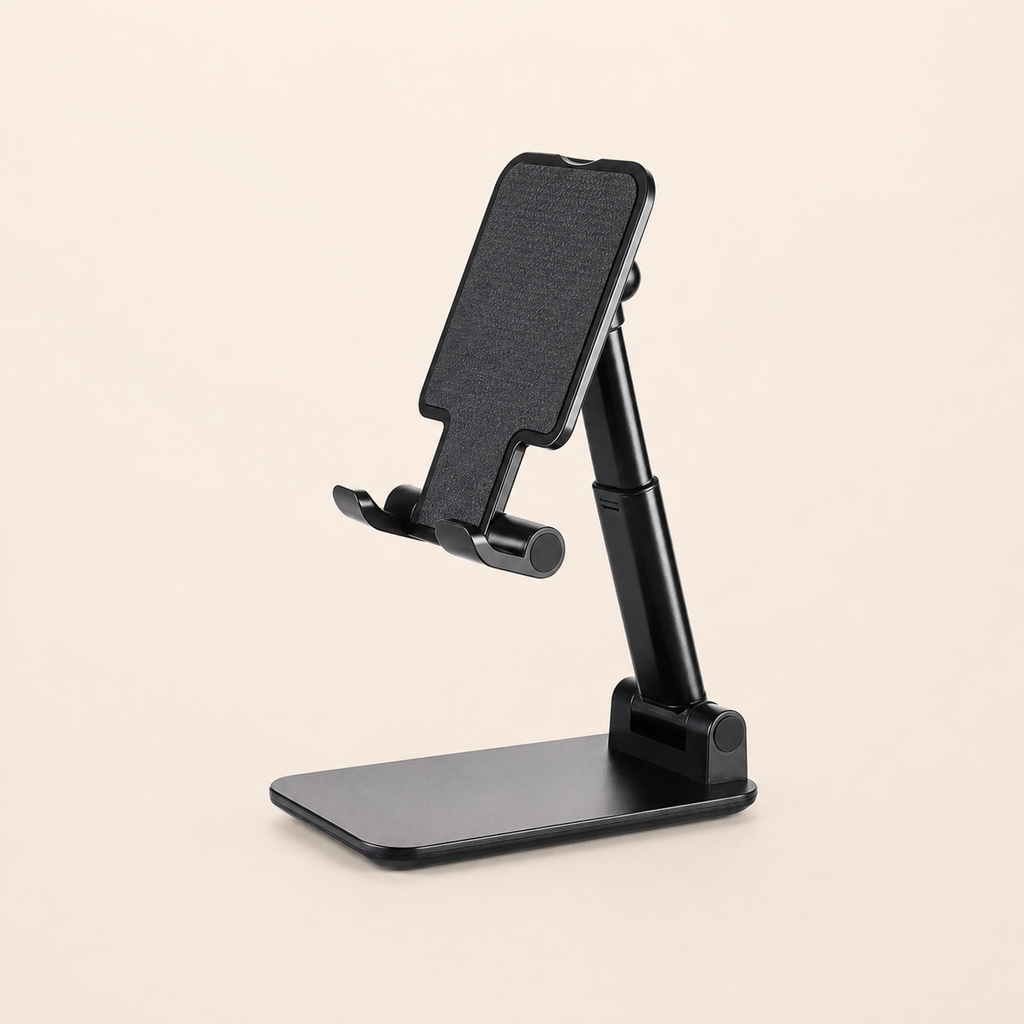 Black adjustable desktop phone and tablet stand on a warm off-white background