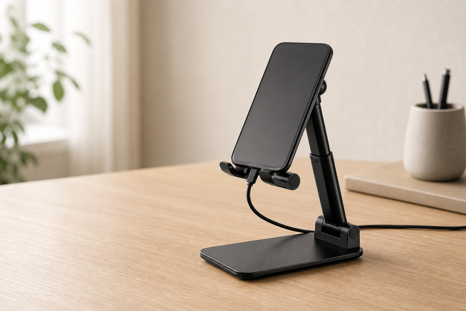 Lifestyle story: Adjustable black phone stand holding a charging smartphone on a pale oak desk
