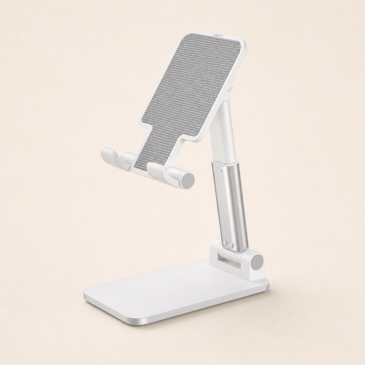 White adjustable desktop phone and tablet stand on a warm off-white background