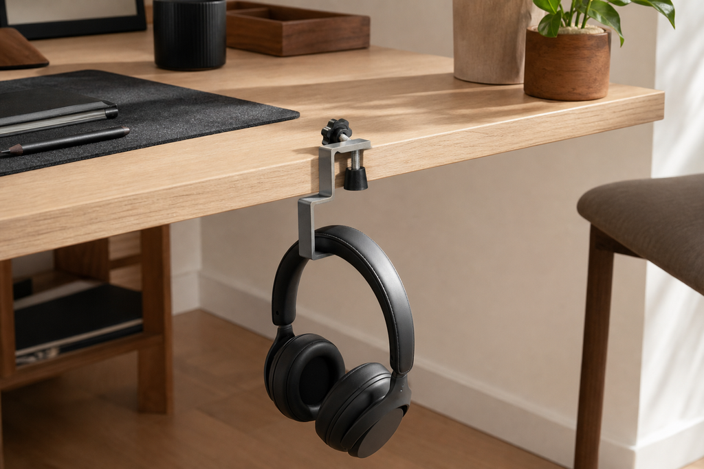 Lifestyle story: Gray aluminum desk-edge hook holding black over-ear headphones