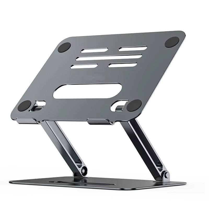 Dark gray adjustable laptop riser with a vented platform on folding legs