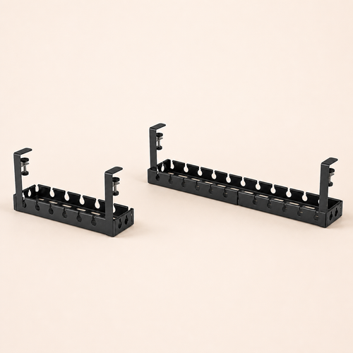 Fixed and retractable black clamp-on under-desk cable trays on a square off-white background