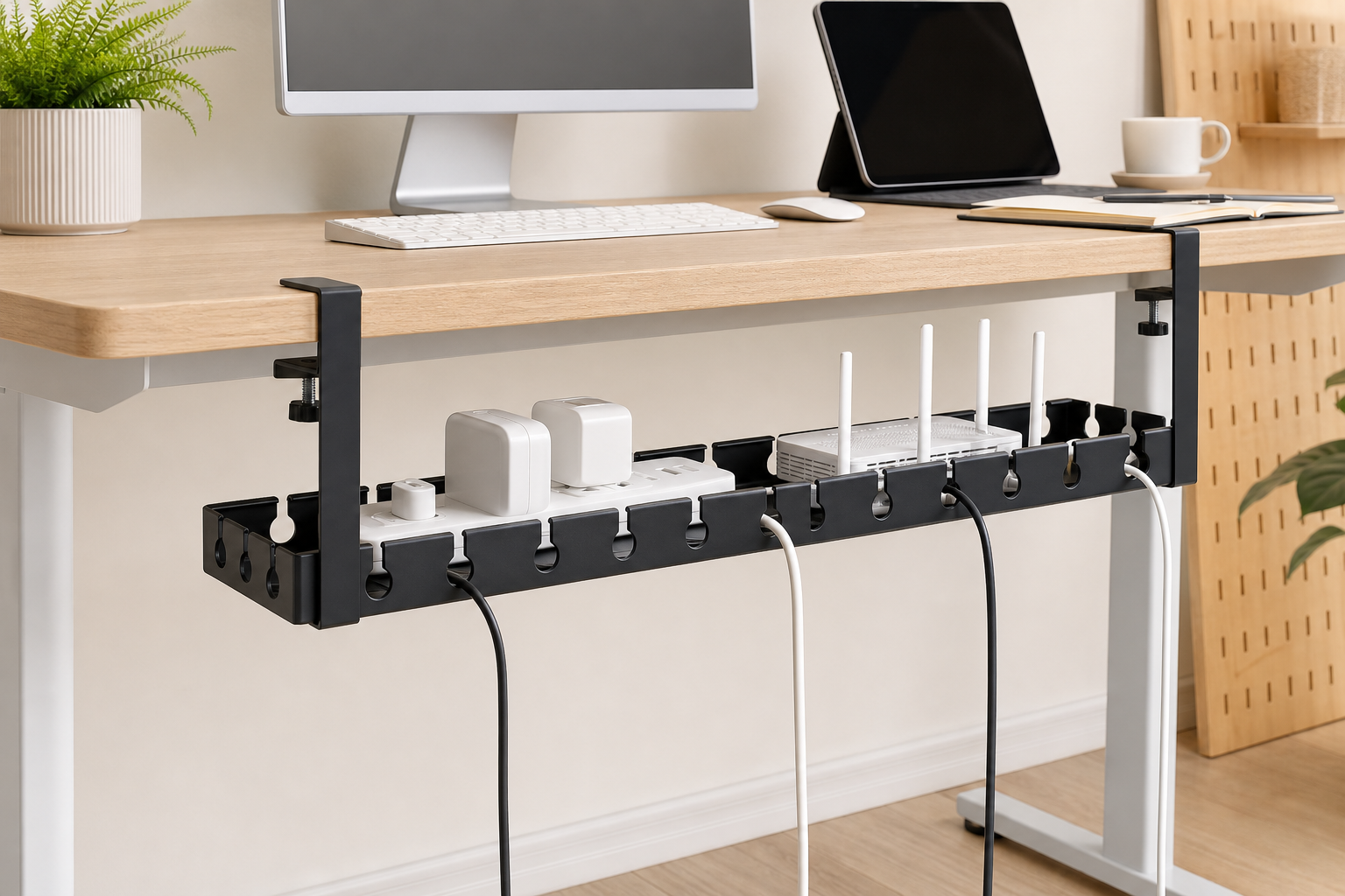 Lifestyle story: Retractable clamp-on cable tray organizing equipment beneath a desk