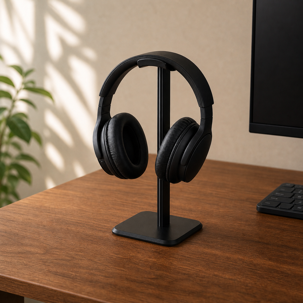 Black desktop headphone stand holding over-ear headphones on a walnut desk