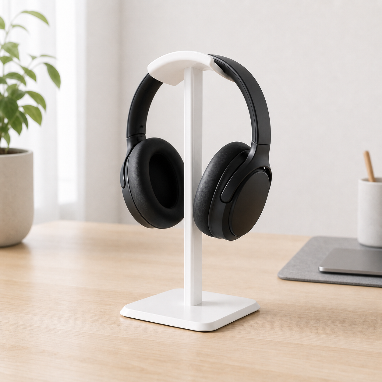 White desktop headphone stand holding over-ear headphones on a pale oak desk