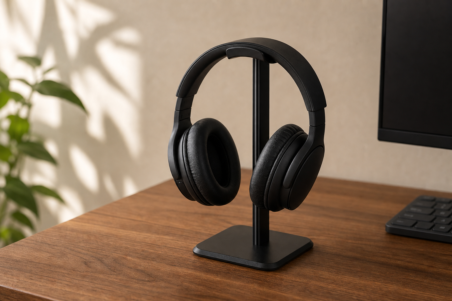 Lifestyle story: Black desktop headphone stand holding over-ear headphones on a walnut desk