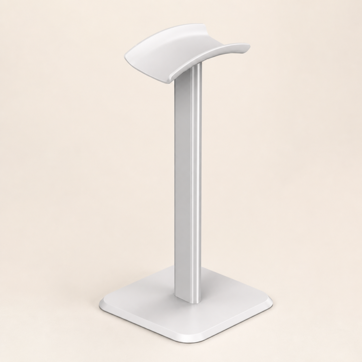 White desktop headphone stand on a warm off-white background