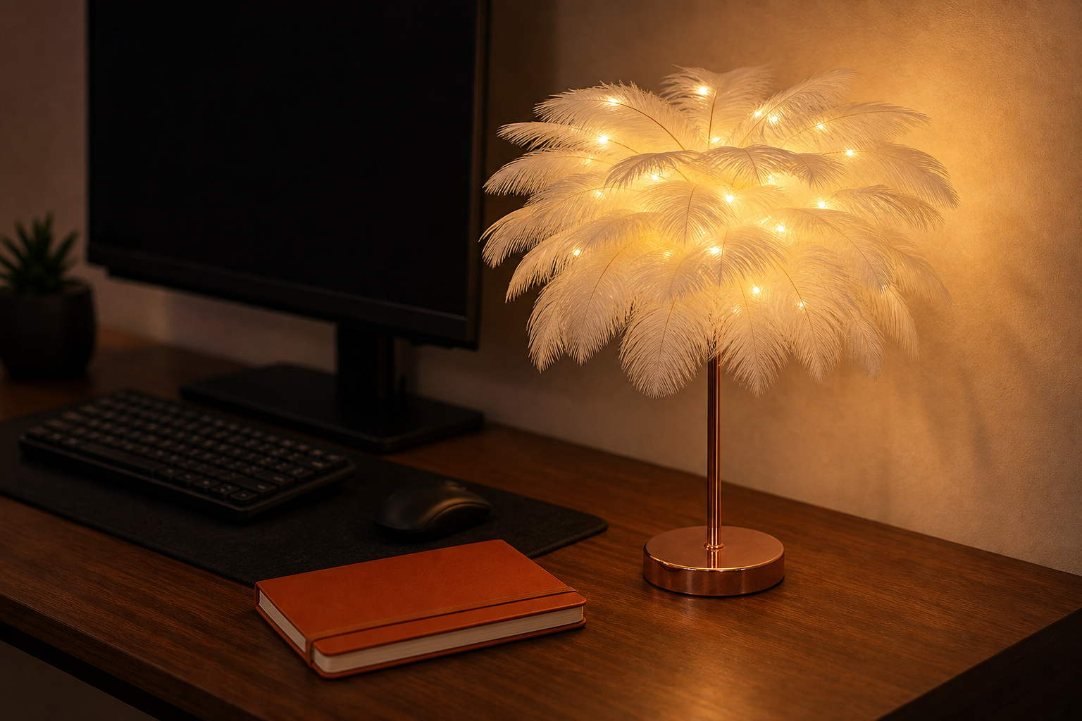 Lifestyle story: White feather LED lamp glowing beside a walnut desk setup