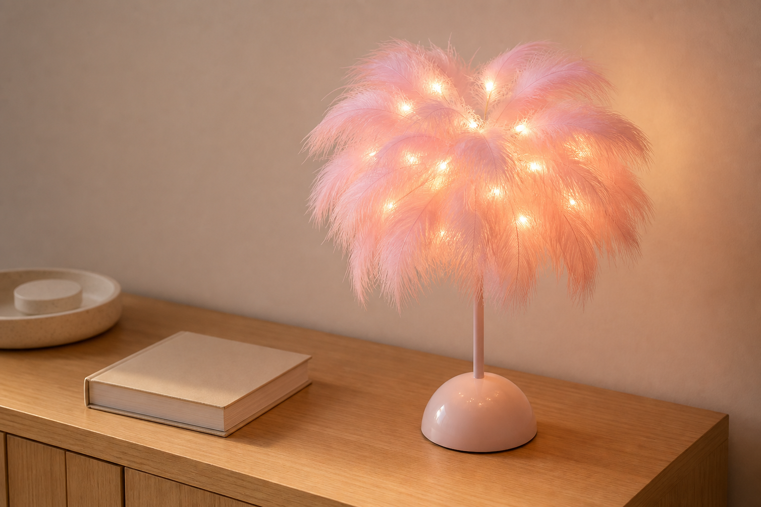 Pink feather LED table lamp creating a soft bedside glow