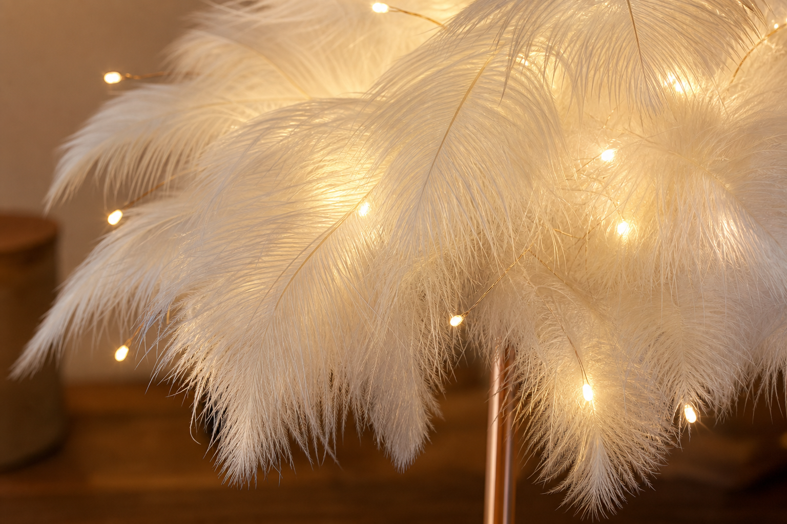 Close view of white feather plumes and warm micro-LED lights