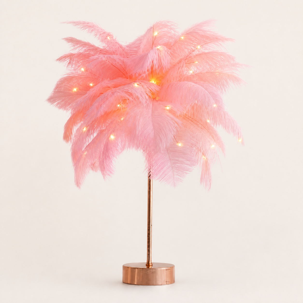 Pink feather LED table lamp with rose-gold base