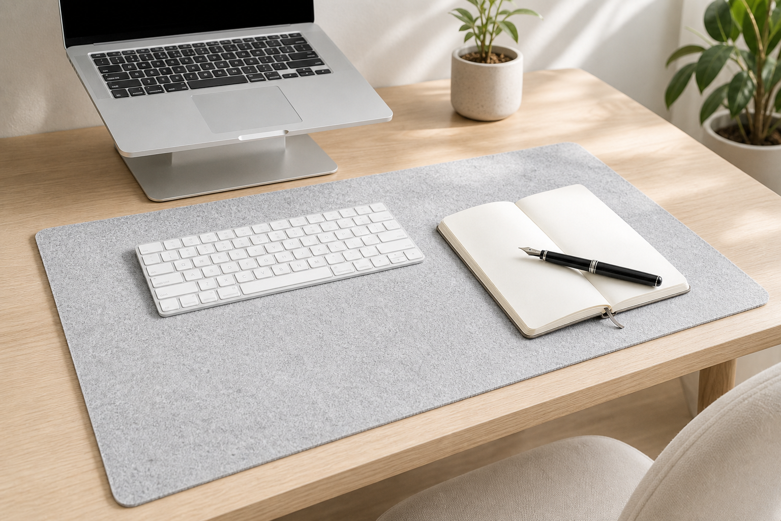 Lifestyle story: Light gray felt desk mat with keyboard and writing notebook