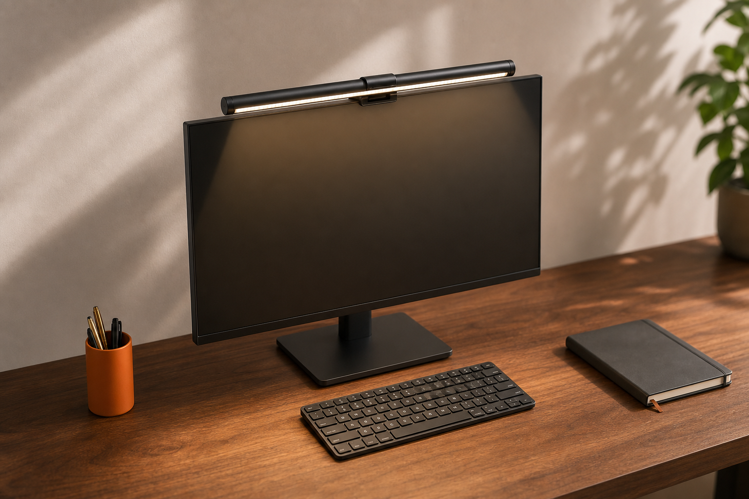 Lifestyle story: Monitor light bar illuminating a walnut desk without screen glare