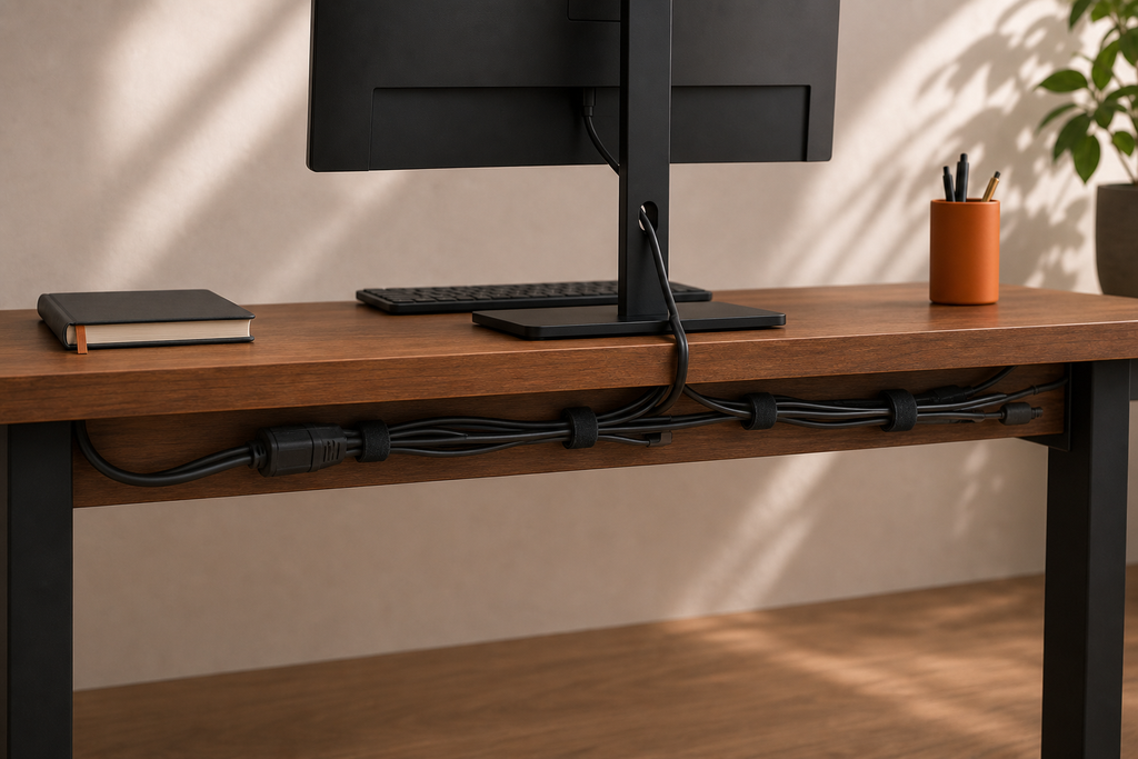 Lifestyle story: Black cable wrap bundling power and monitor cables beneath a walnut desk