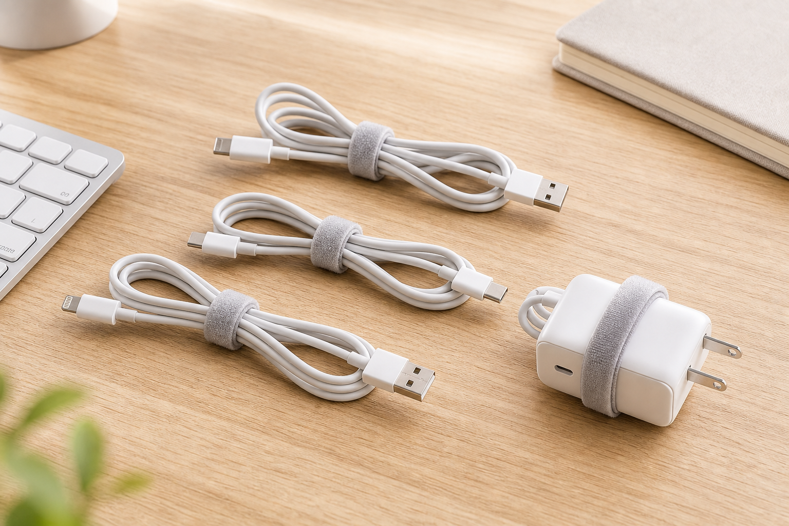 Gray cable wrap organizing white charging cables on a pale-oak desk