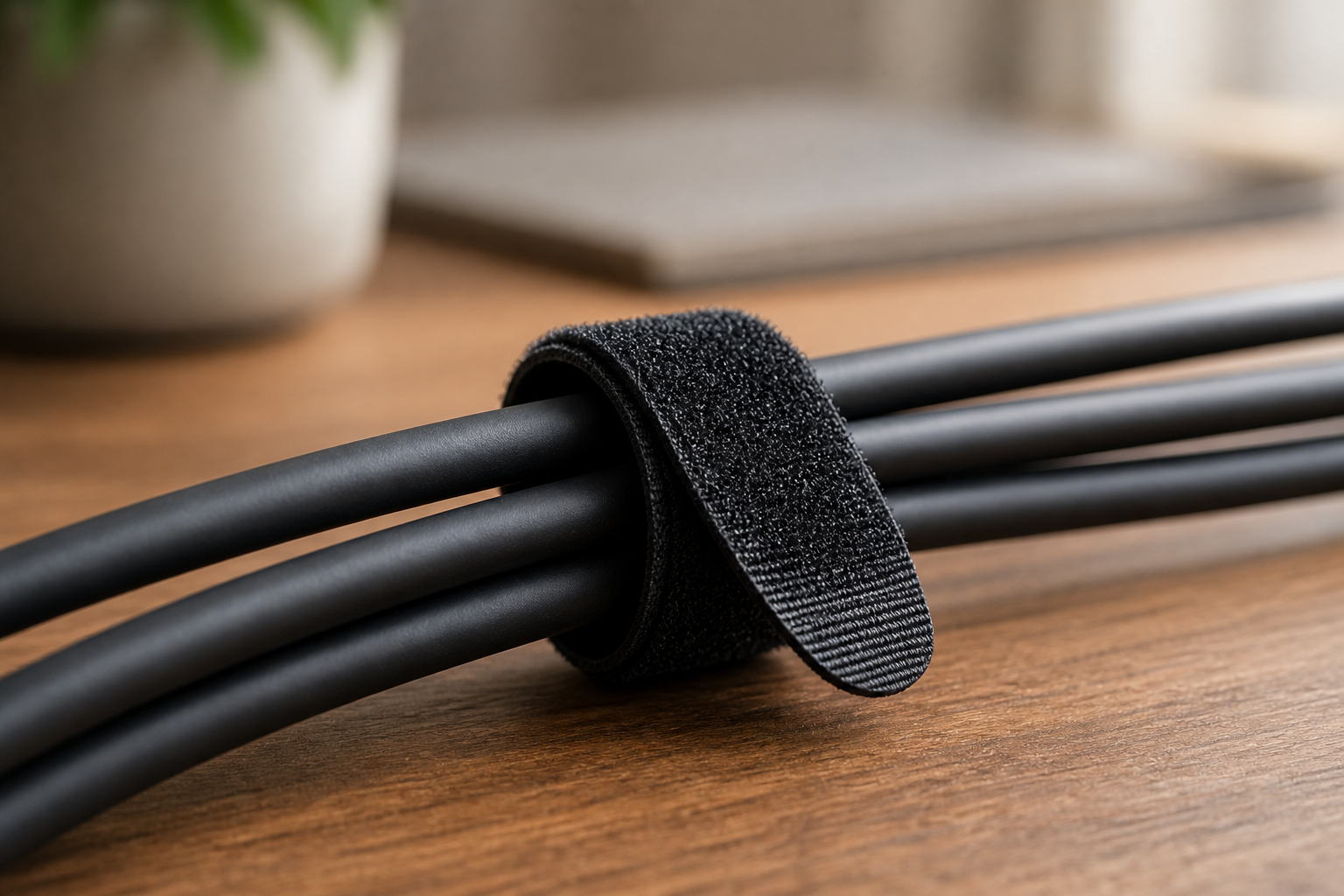 Close view of reusable hook-and-loop wrap securing three cables