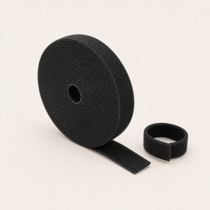 Black reusable hook-and-loop cable wrap roll on a warm off-white background