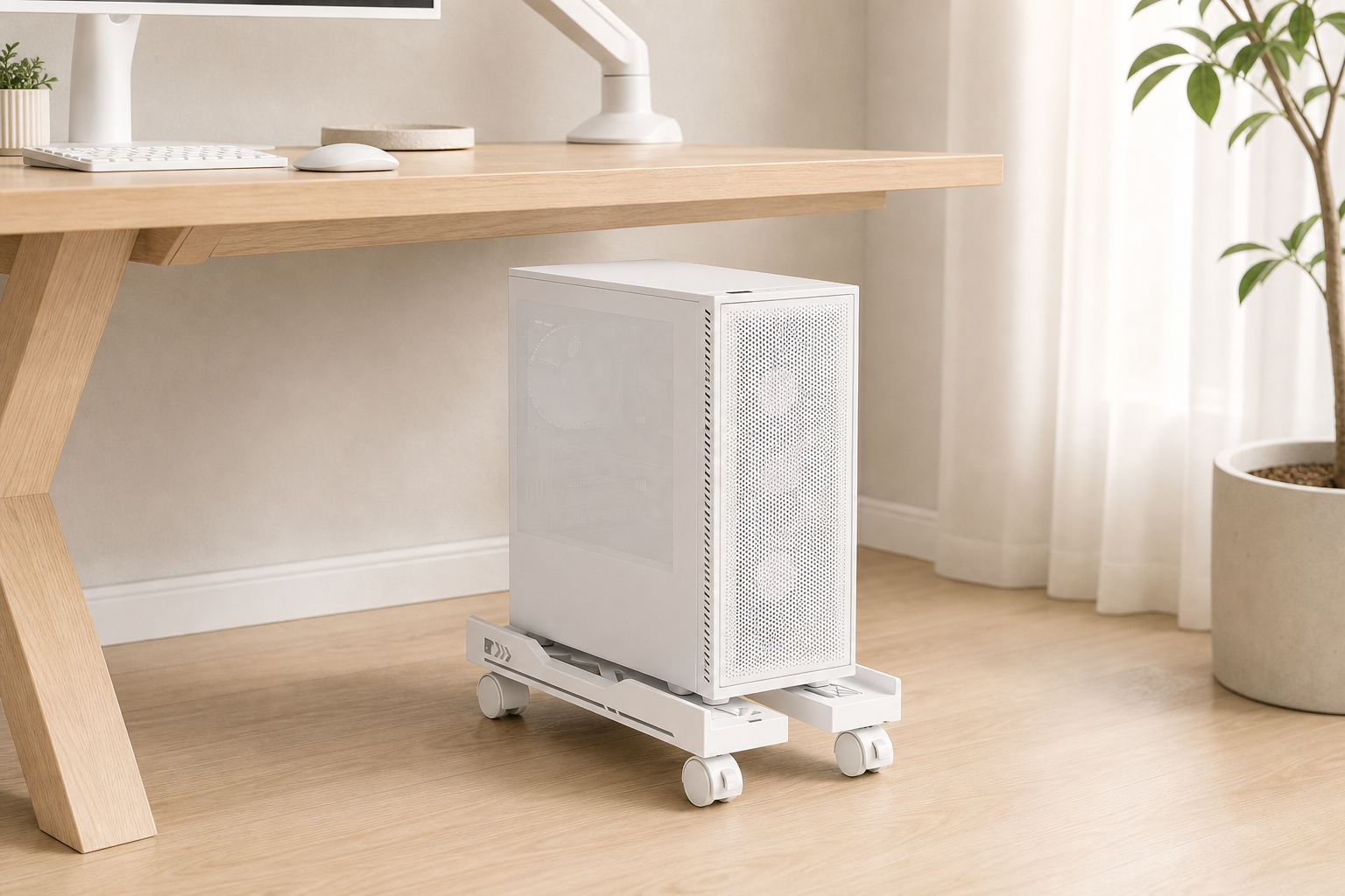 Lifestyle story: White PC tower on a rolling stand in a bright workspace