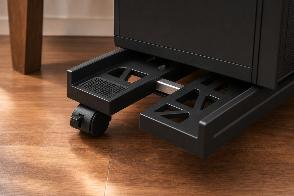 Close view of the stand's telescoping rails, side guard, and locking caster