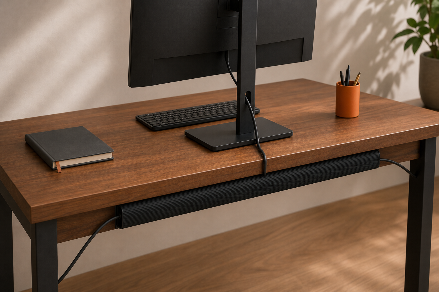 Lifestyle story: Black cable raceway hiding monitor cables beneath a walnut desk