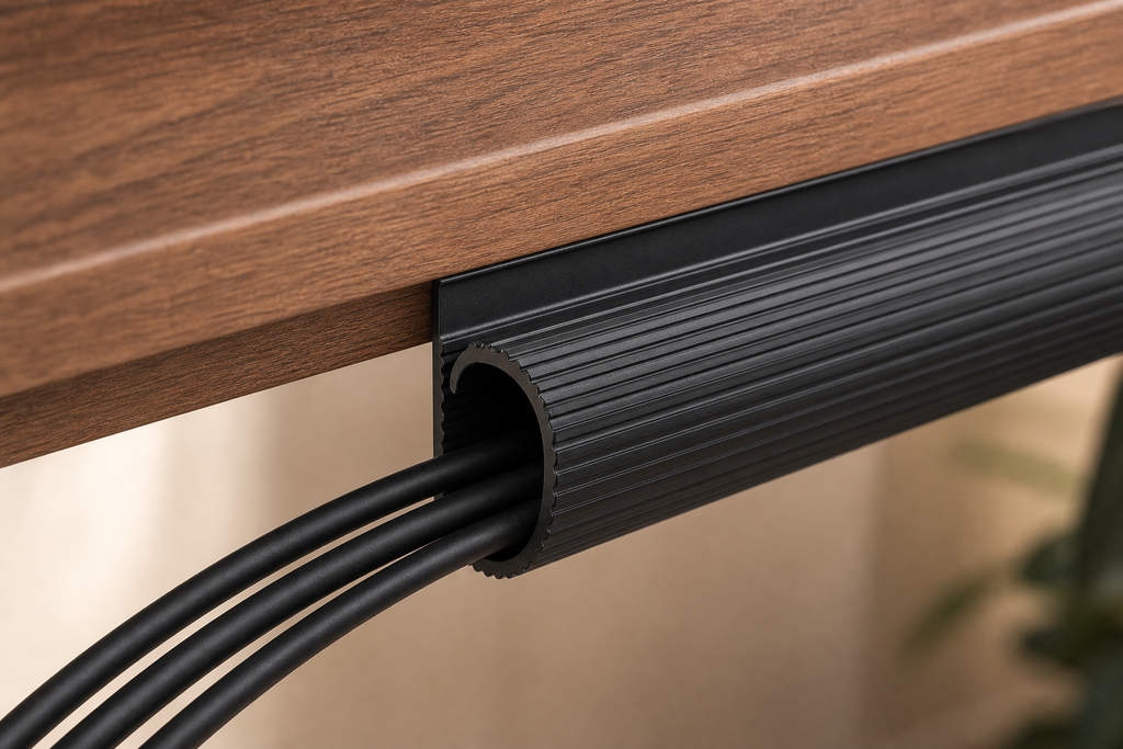 Close view of the flexible raceway profile holding three cables