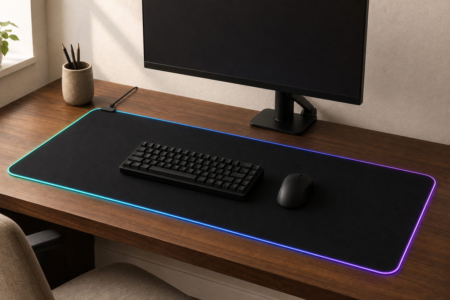 Lifestyle story: RGB LED desk mat with keyboard and mouse in a refined walnut workspace