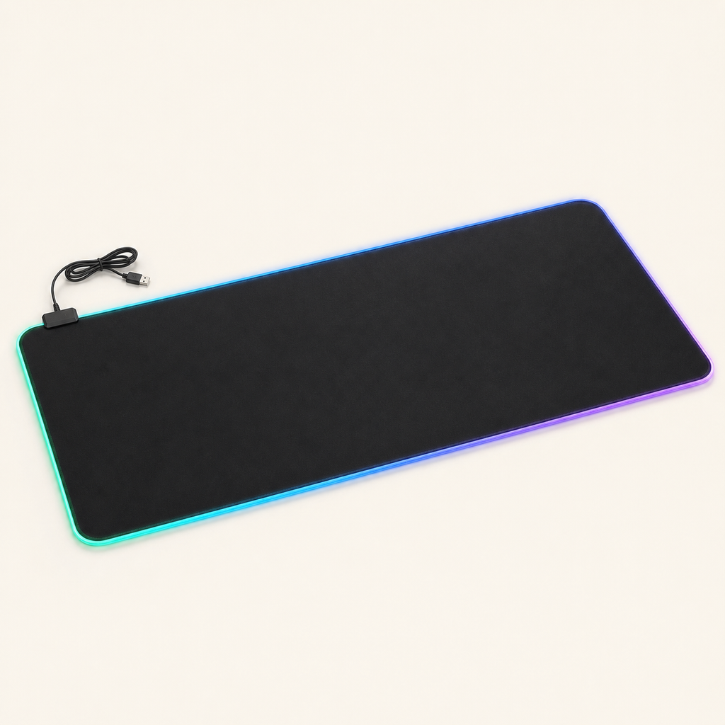 Plain black RGB LED desk mat with illuminated edge, controller and USB cable on a warm off-white background