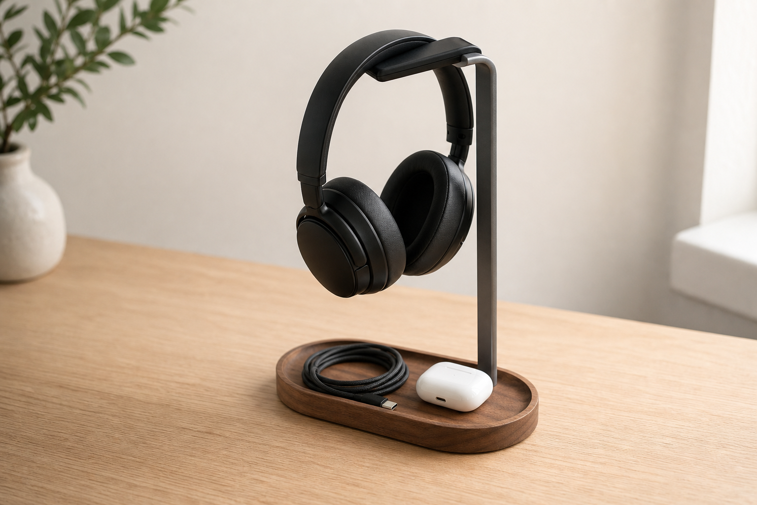 Lifestyle story: Walnut headphone stand holding black headphones with accessories in its tray