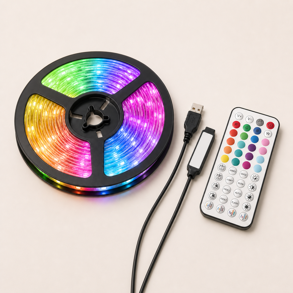 USB RGB LED strip kit with remote and controller on a square off-white background