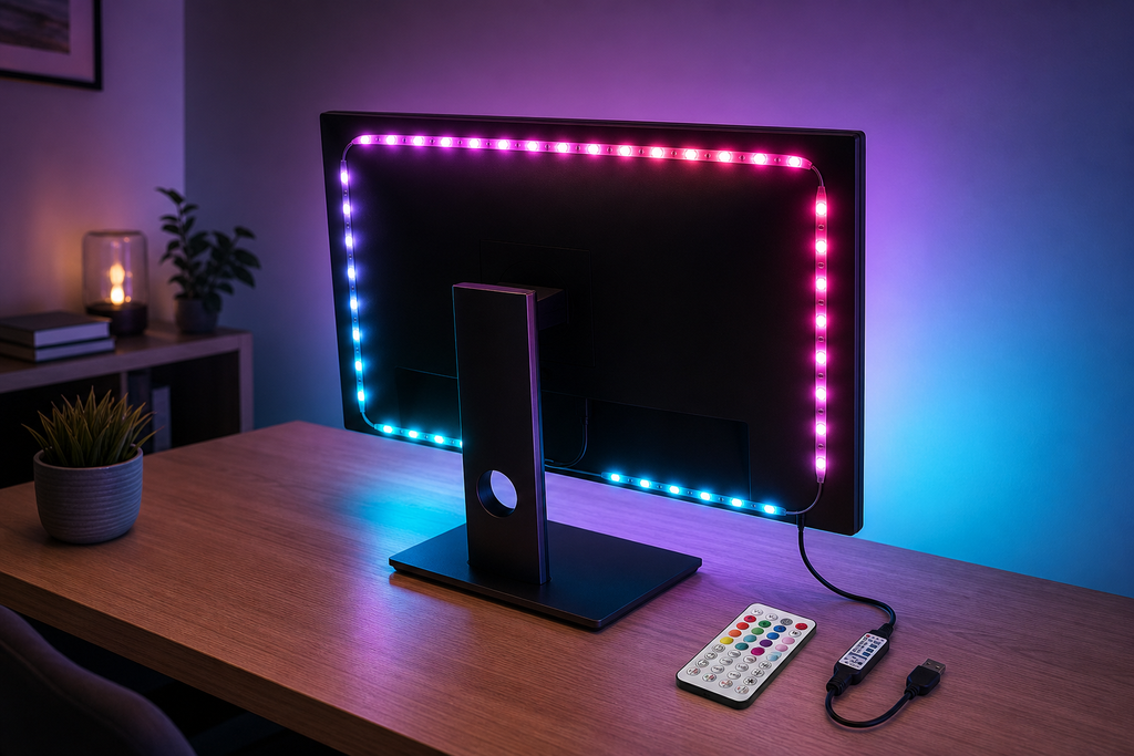 Lifestyle story: USB RGB LED strip installed behind a monitor with its remote and controller