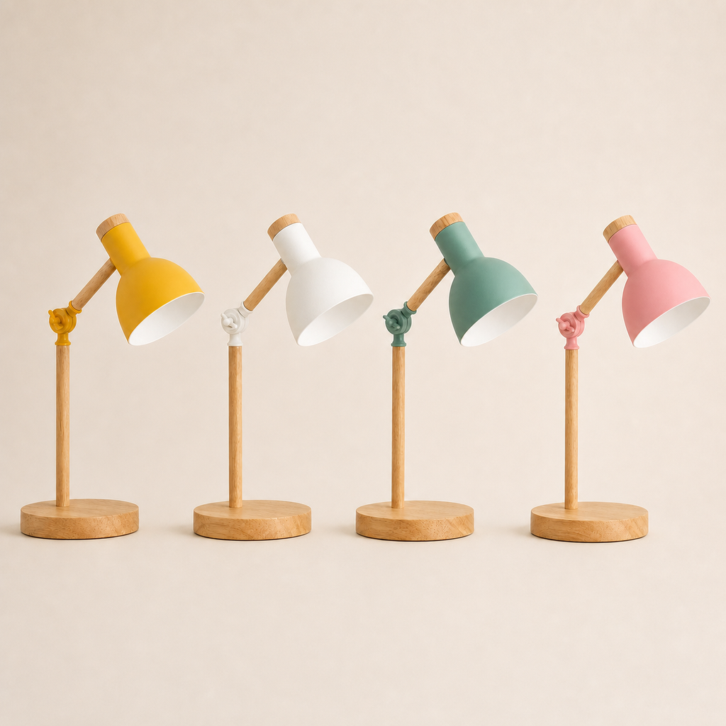 Wood turn-head table lamps in yellow, white, green, and pink on a square off-white background